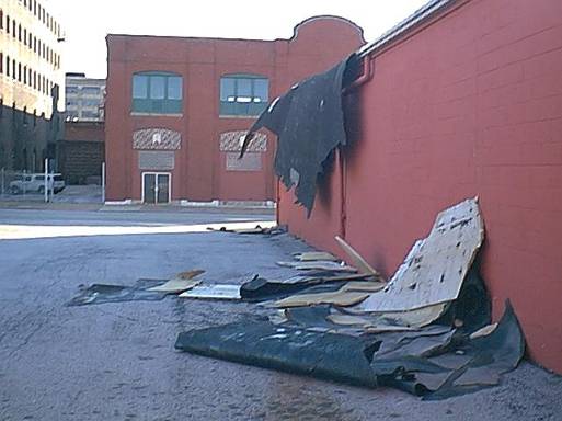 Just After Morning Windstorm Deroofs 2035 Delmar Blvd, Look South from Parking Lot (9MAR02)